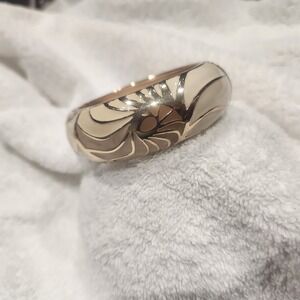 Hinged Bangle Bracelet Cream Tan Coastal Cuff Sequin Enamel Nautilus Shell